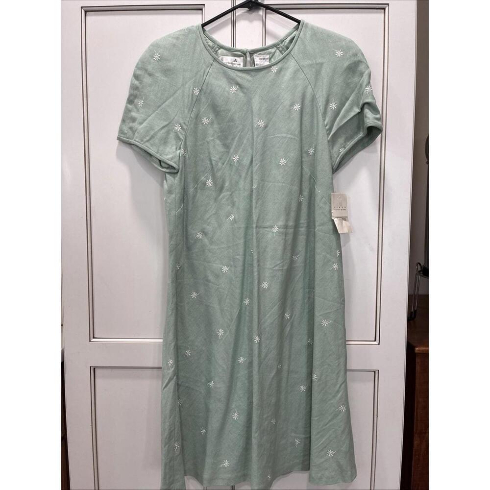 Sz 8 VINTAGE Floral Linen Shabby Chic Short Sleeve Embroidered Green Floral Midi